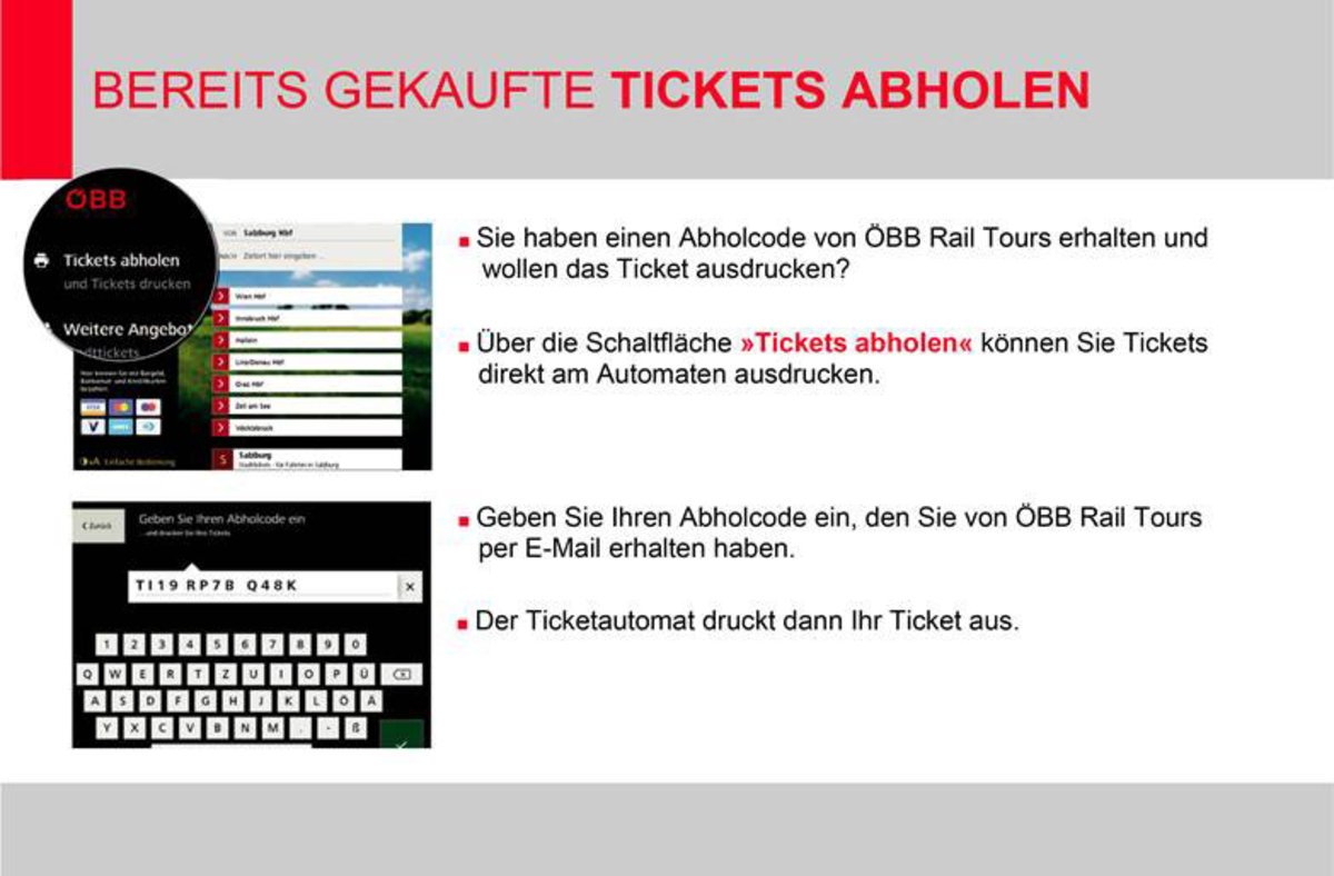 Anleitung zum Ausdrucken von ÖBB Fahrkarten am Ticketautomaten mit Abholcode